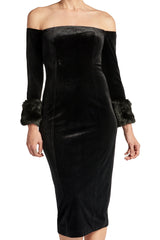 Velvet Dream Dress - Luxurious Off the Shoulder Long Sleeve Dress with Faux Fur
