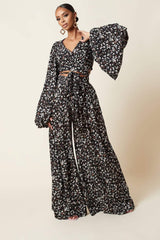 Floral Print Lantern Sleeve Wide-Leg Pants Suit