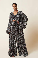 Floral Print Lantern Sleeve Wide-Leg Pants Suit