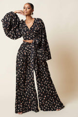 Floral Print Lantern Sleeve Wide-Leg Pants Suit