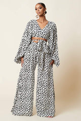 Floral Print Lantern Sleeve Wide-Leg Pants Suit