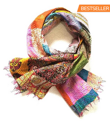 Vintage Silk Saree Scarf - Hand Stitched Kantha Upcycled