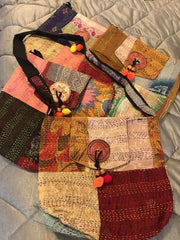 Vintage Silk Saree Scarf - Hand Stitched Kantha Upcycled